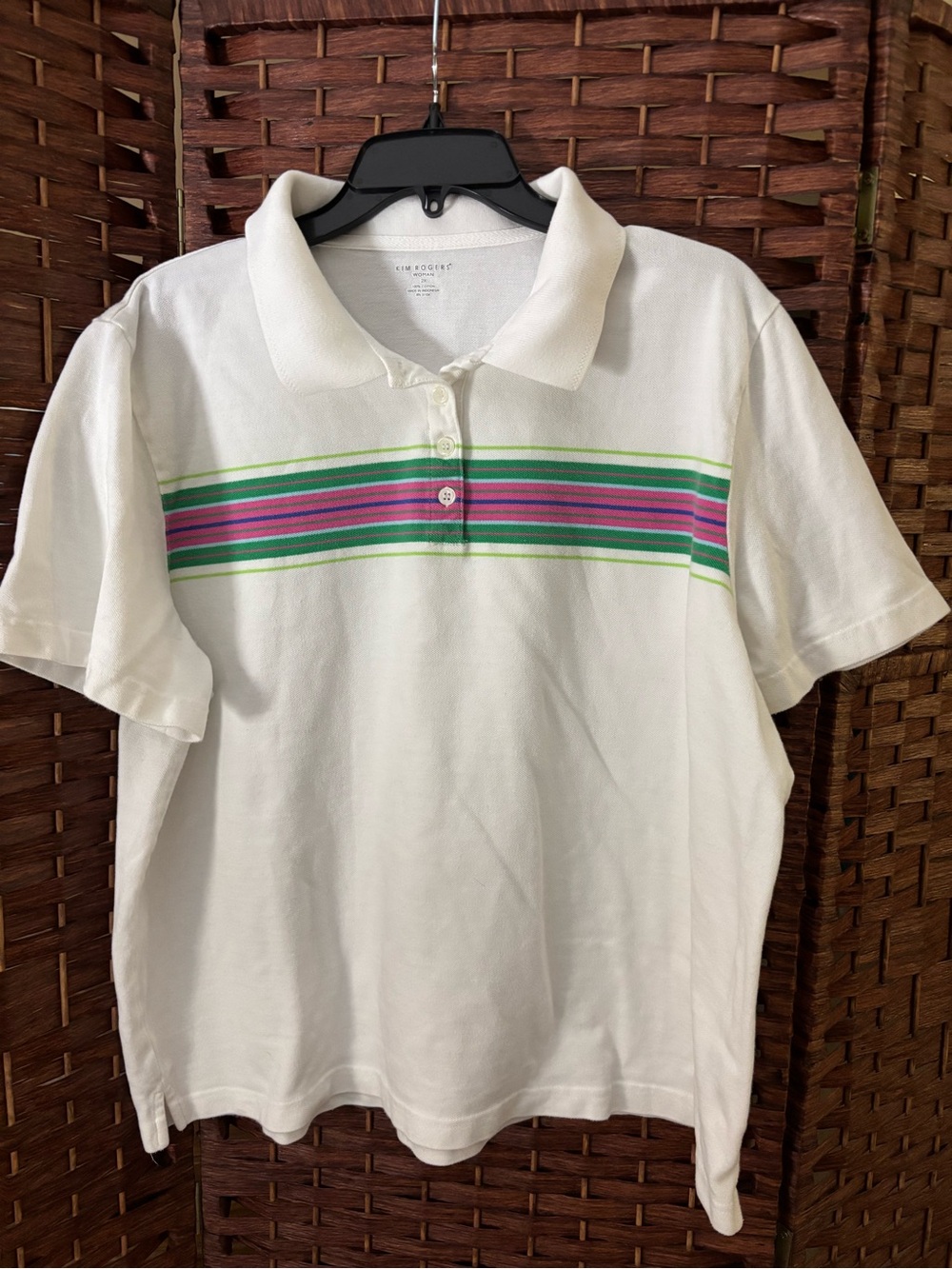 Women’s White Polo Shirt with Pink & Green Stripes